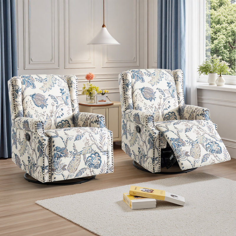 Upholstered Classic Wing Back Manual Handle Swivel Rock Glider Recliner with Naihead Trims, Plants Blue