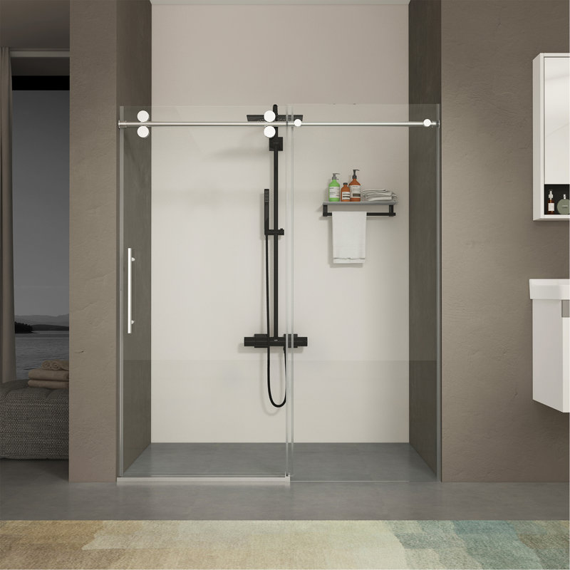 Porte de douche sans cadre de 56 à 60 po x H 76 po, porte de douche coulissante, avec cabine de douche en verre trempé épais de 3/8 po (10 mm) de qualité supérieure, couche facile à nettoyer à double face, avec tampon