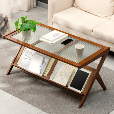 Mid-Century Modern Boho Rattan Coffee Table With Wavy Glass Top & Storage – Brown Bamboo Z-Frame Design, Sturdy Construction For Living Room, Office & Lounge