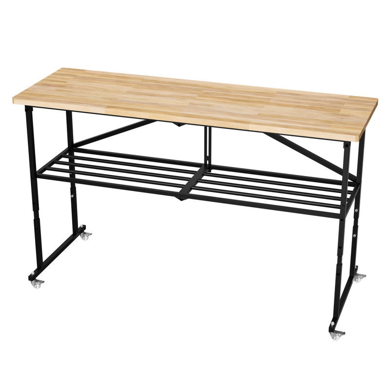 Établi de travail robuste avec bloc de boucher verrouillable, pliable à une touche et plateau en bois de 1,5 po d'épaisseur pour la maison