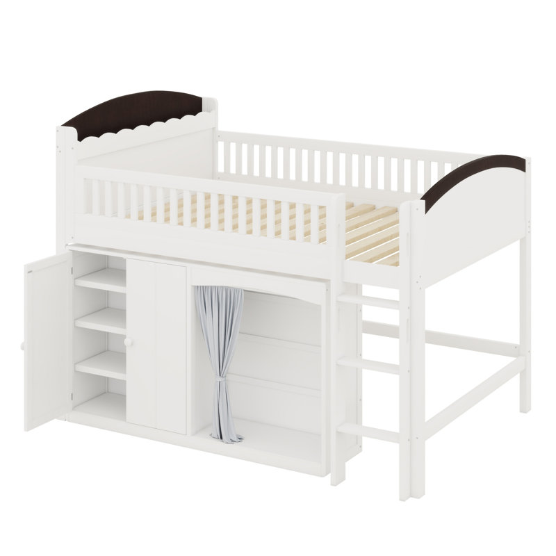 Modern Loft Bed with Storage Cabinet, Wardrobe and LED, White+Espresso