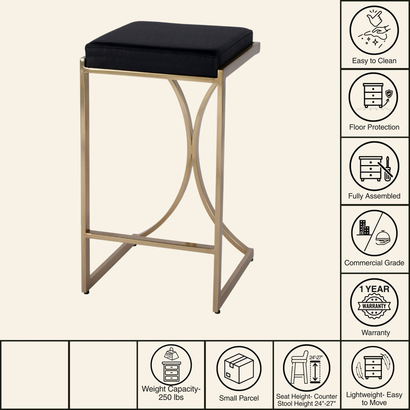 Natalya 24" Bar Stool, Brass, Counter Stool (24” Seat Height), Black