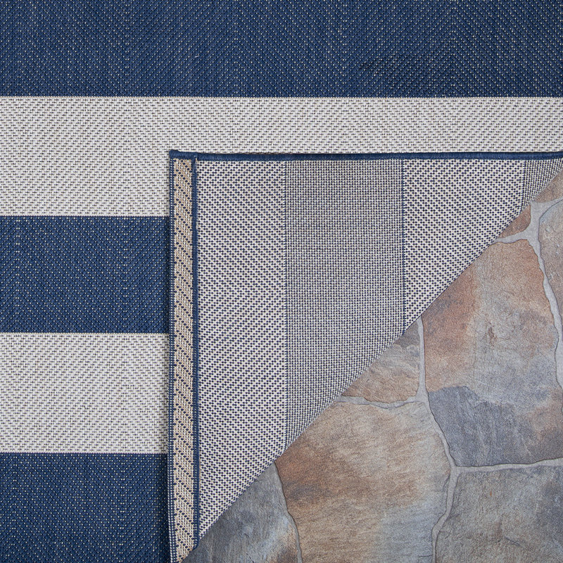 Gannett Striped Flatweave Midnight Blue Ivory Indoor Outdoor Area Rug, Runner 2'2" x 11'9"