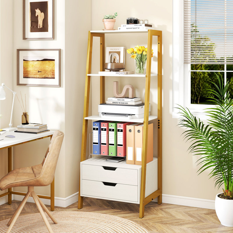 2PCS Bookshelf w/ 2 Storage Drawers Sturdy Metal Frame Anti-toppling Devices, White/Gold