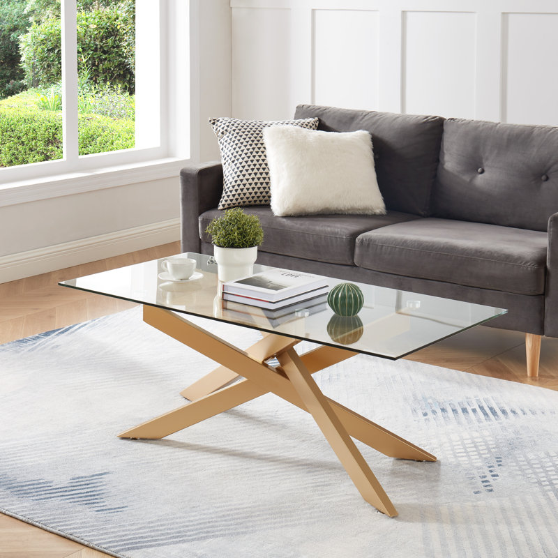 Table basse rectangulaire avec plateau en verre, Doré