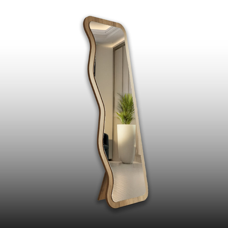 Unique Freestanding Curved Full Length Mirror, Walnut