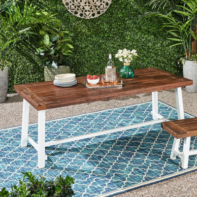 Table d'extérieur moderne industrielle 79 - Structure en bois et métal pouvant accueillir 8 personnes de 79 po de longueur x 36 po de largeur et 30 po de hauteur. Base de salle à manger de style brun foncé / blanc pouvant accueillir jusqu'à L x H brun et blanc