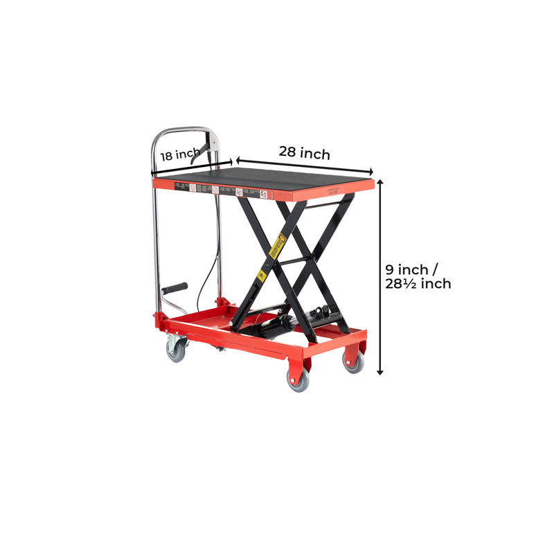 Chariot de table à ciseaux hydraulique de 500 lb, hauteur réglable de 28,5 po avec roues, plateforme antidérapante pour atelier et entrepôt