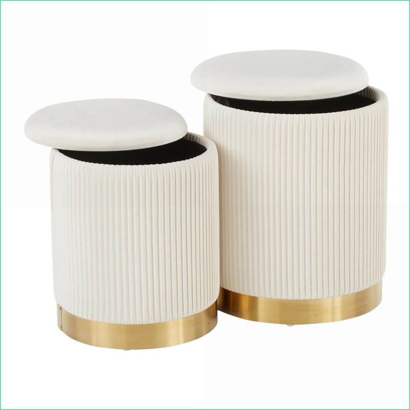 Ottomans, Marla Contemporary Nesting Set with Pleated Cream Velvet &amp; Gold Metal Base by LumiSource | Gold | Metal, Cream
