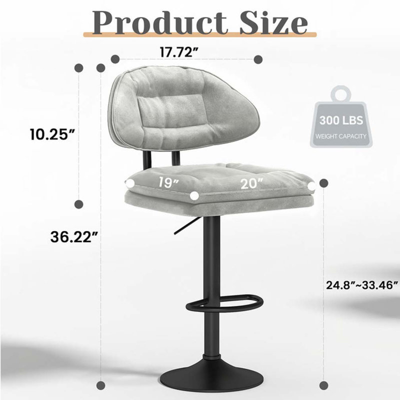 Swivel Adjustable Height Bar Stools Set of 2, Light Grey Seat/Black Frame