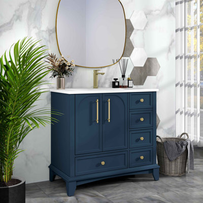 Ensemble de meuble-lavabo moderne avec surface peinte, meuble-lavabo autoportant de style Mid-Century avec rangement, meuble-lavabo haut de gamme avec tiroirs et poignées en métal
