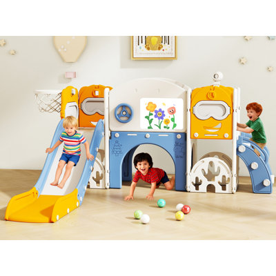 11-in-1 Toddler Slide Playset,Indoor Playground for Kids 1-3 and Toddler Outdoor playset with Golf Set Drawing Set Basketball Hoop, Playground Easy Assembly Bear Theme, Yellow Blue
