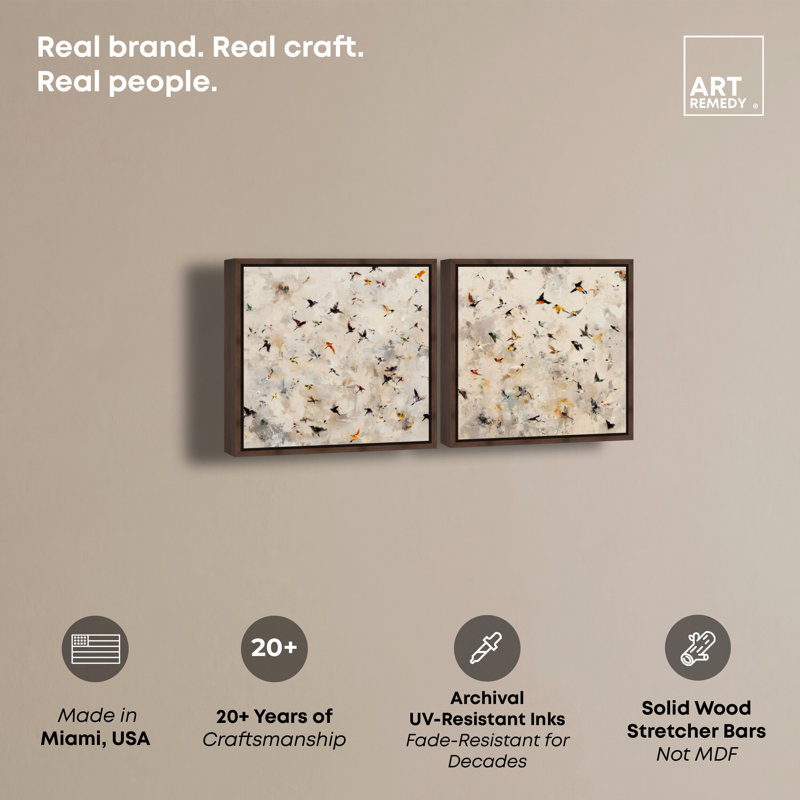 «Feathered Echoes Duo», ensemble de décorations murales Boho par Art Remedy, cadre en noyer, 12 x 12, H 13 po x l 13 po