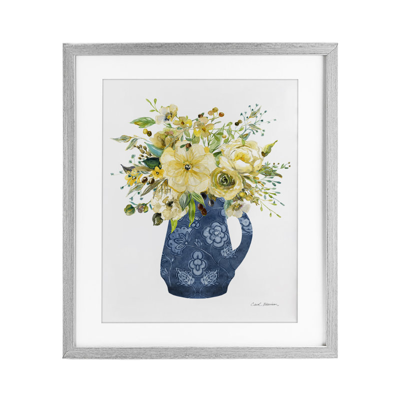 «Sunny Chinoiserie Yellow Bouquet», reproduction sous verre encadrée, design par Carol Robinson, H 21 po x l 17 po