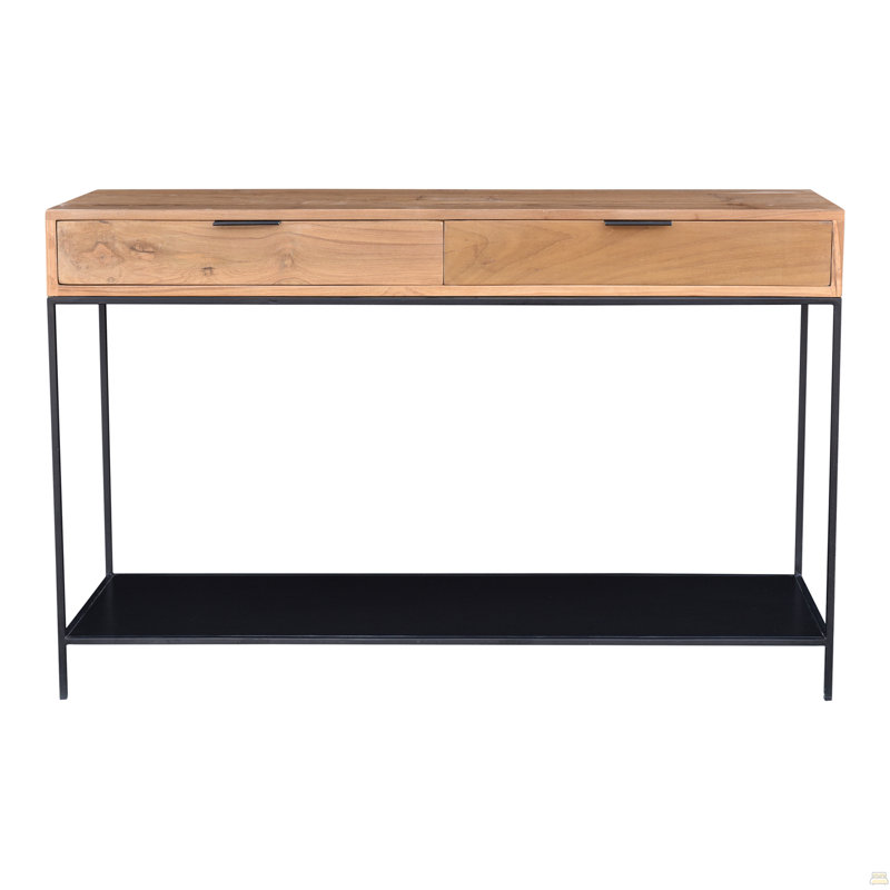 Console, bois de teck massif rectangulaire avec structure en fer et deux tiroirs, naturel