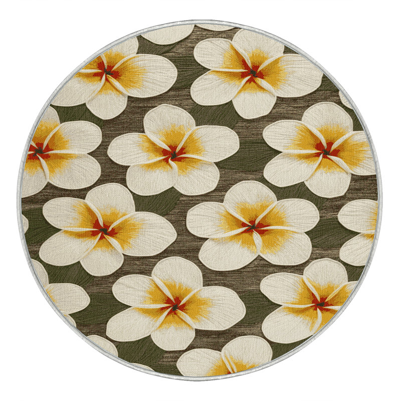 Machine Washable Botanical Beige Area Rug, Round 3'