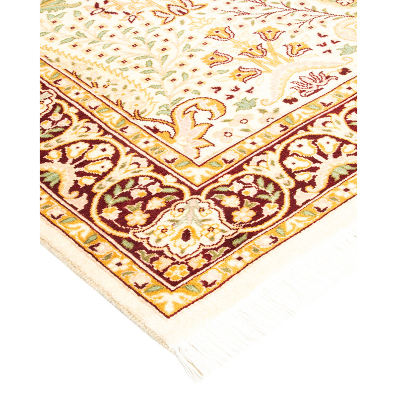 Ivory Hand-Knotted Geometric Wool 4' x 6' Area Rug