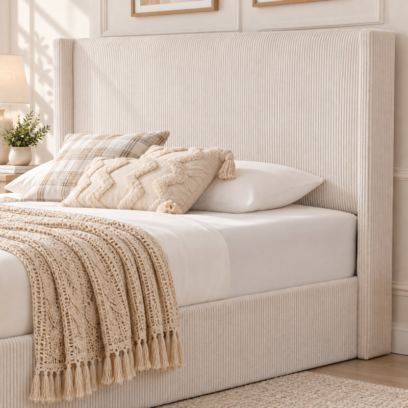 Wauseon Corduroy Upholstered Hydraulic Lift Storage Platform Bed, Queen, Off White