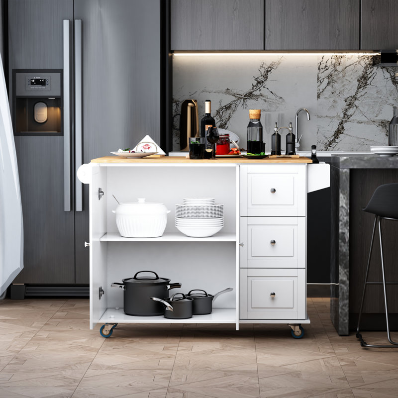 Mobile Kitchen Island with Drop Leaf, White