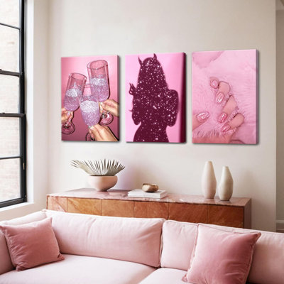 Pink Glitter Wall Art Set Of 3 – Glam Girl Canvas Prints, Sparkle Champagne Glass Poster, Aesthetic Pink Nail Art Picture For Bedroom, Dorm, Vanity, Or Teen Girl Room Decor – 12X16 Inch Framed