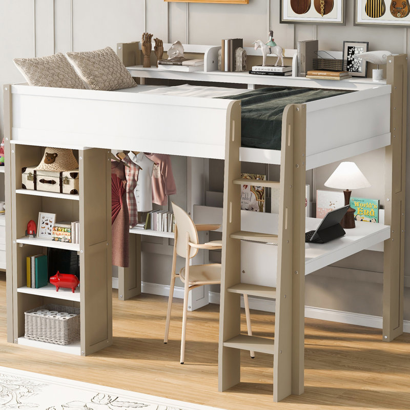 Full Loft Bed With Built-In Desk&Bookshelf, Natural