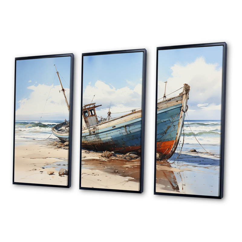 Bateau de pêche à la plage - ensemble de salon d'art mural bord de mer, Cadre flottant noir, H 32 po x l 48 po x P 1 po