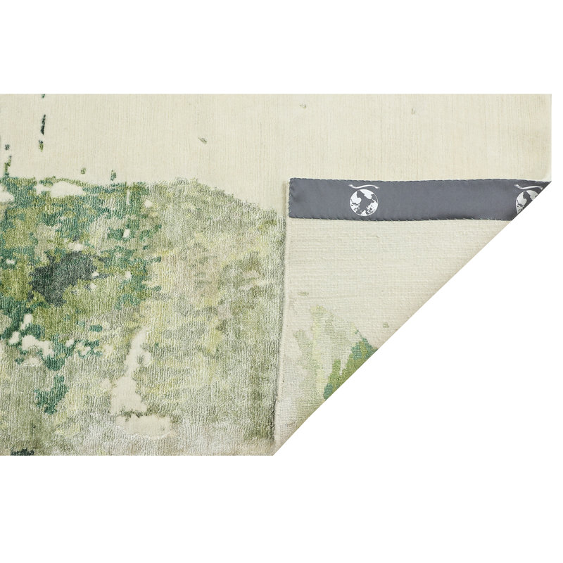 Tapis ivoire et vert noué à la main de haute qualité, Rectangle 8 pi x 10 pi