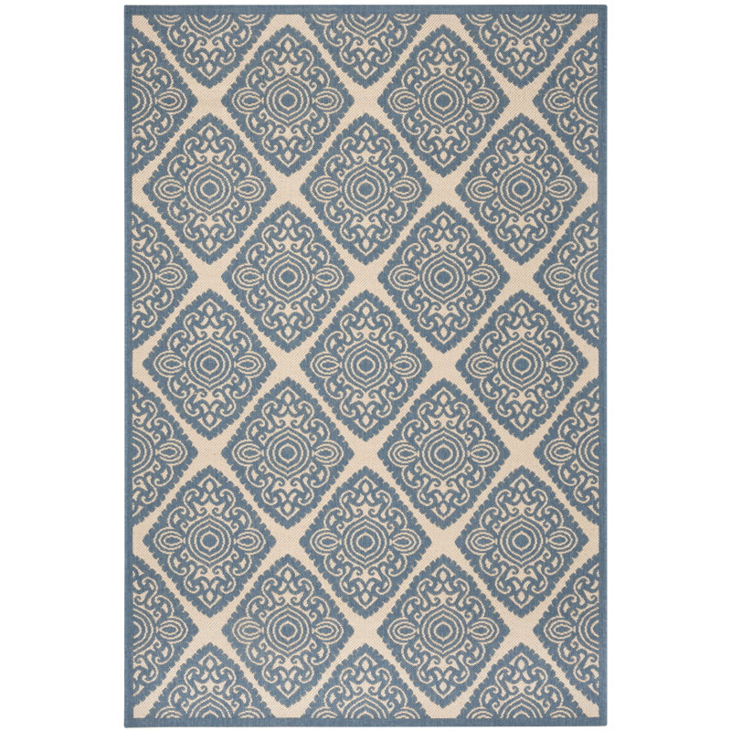 Hardrian Hooked Neutral/Blue Indoor/Outdoor Rug, Rectangle 155 x 229 cm