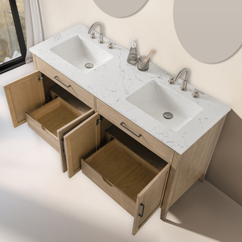Meuble-lavabo double 60 po avec plateau en pierre d'ingénierie Sebastiano, Sable côtier / nickel antique