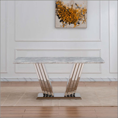 Marble Dining Table For 6 People,Rectangle Faux Marble Dining Table With Mirrored Finish Stainless Steel Base, Modern Large Size Marble Kitchen Table (Only Table)