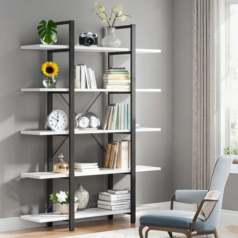  70.5"H X 47.3"W Bookcase, 5-Tier Open Etagere Bookshelf Storage Display Rack, White/Black