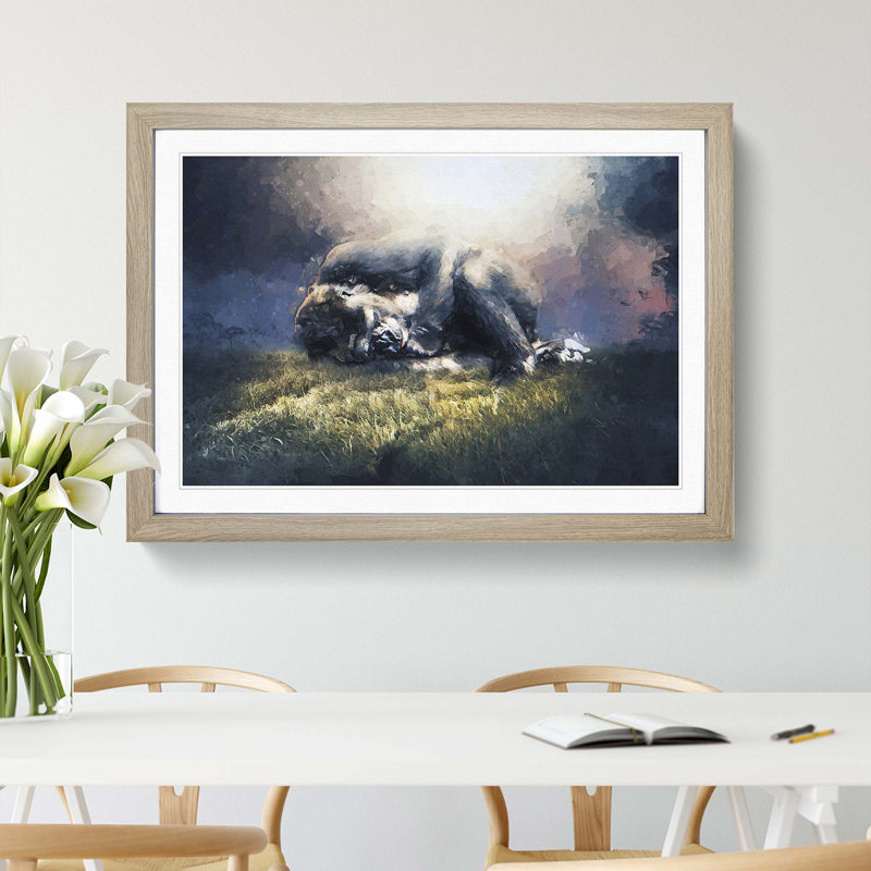 The Resting Gorilla in Abstract - Picture Frame Painting Print, 35cm H x 50cm W x 2cm D, Oak
