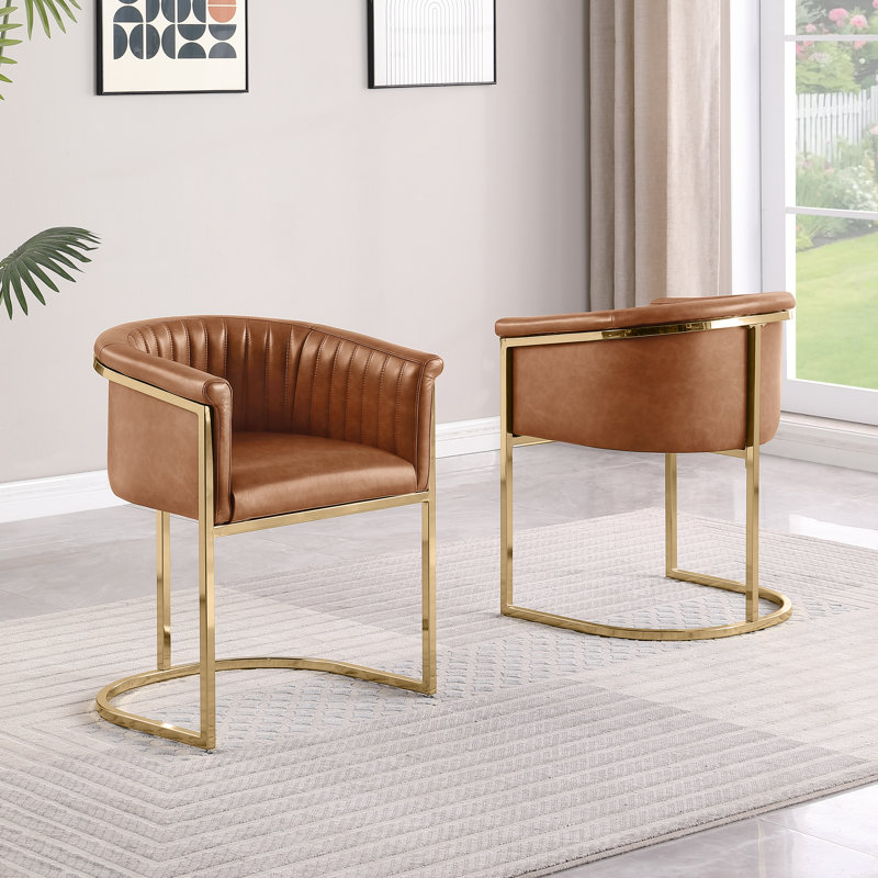 Chaises d'appoint avec base luge en chrome doré Leathaire, Caramel