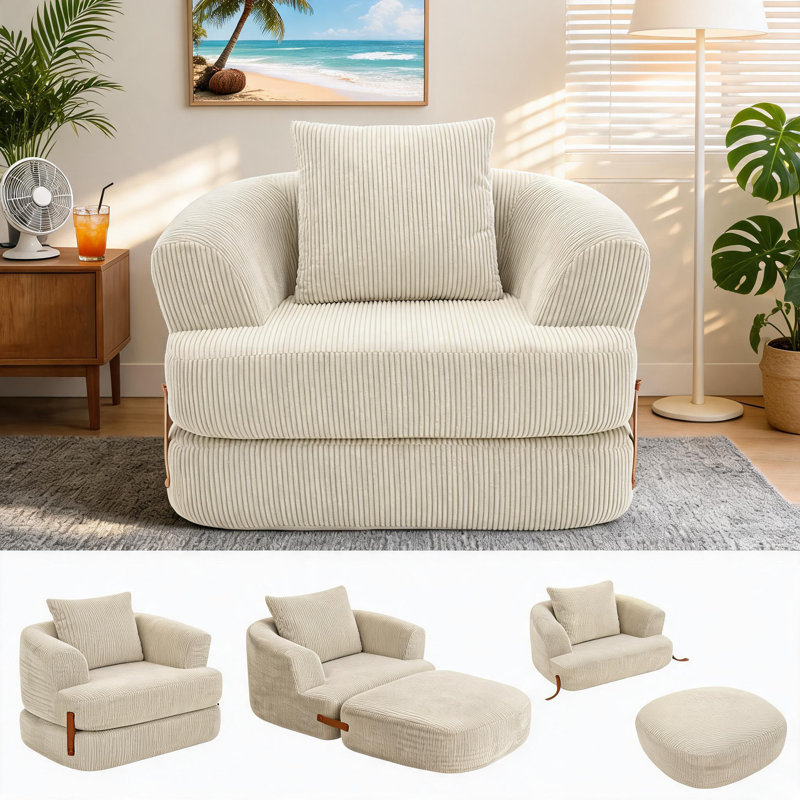 1 Seater Corduroy Sofa & Chaise, Beige