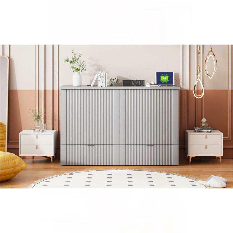 Lit escamotable double avec tiroir et un ensemble de prises et ports USB, structure à poulie, gris