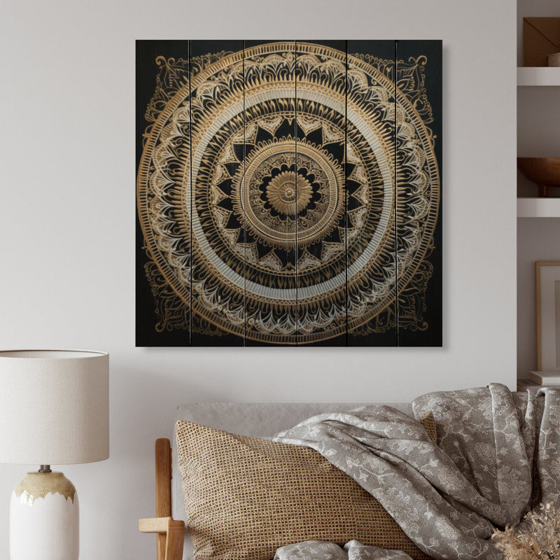 Impression sur bois d'un mandala blanc et or de nazariah, H 15 po x l 15 po x P 0,78 po