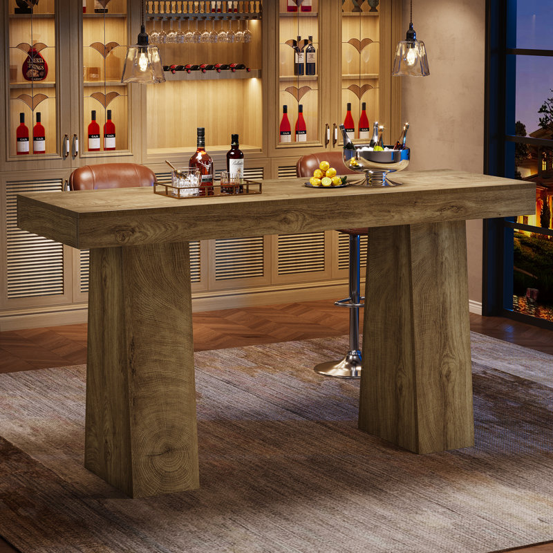 63-Inch Bar Table with Thickened Tabletop and Sturdy Base, Brown, Brown