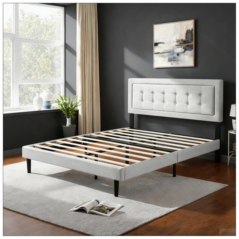 Grand lit plateforme tapissier, cadre de chambre à coucher facile à assembler, gris clair, Gris clair