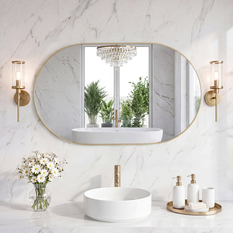 Modern Aluminum Frame Oval Wall Bathroom Mirror, Pill Shaped Vanity Mirror, Gold, 47.24" x 23.62"