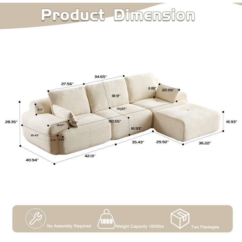 Canapé moderne en mousse à mémoire de forme compressée, grands canapés modulaires pour le salon, canapé modulaire Cloud pour animaux de compagnie, tissu en velours côtelé, causeuse très profonde, sans assemblage requis, beige