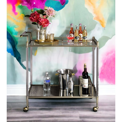 Antique Mirror & Brass Beautified Cart - Two 5mm Tempered Glass Shelves Classy 3 Wine Holder Metal Frame With Acrylic Wire 4 Wheels For Easy Mobility To Assemble And Make Spotless Finish Spacious