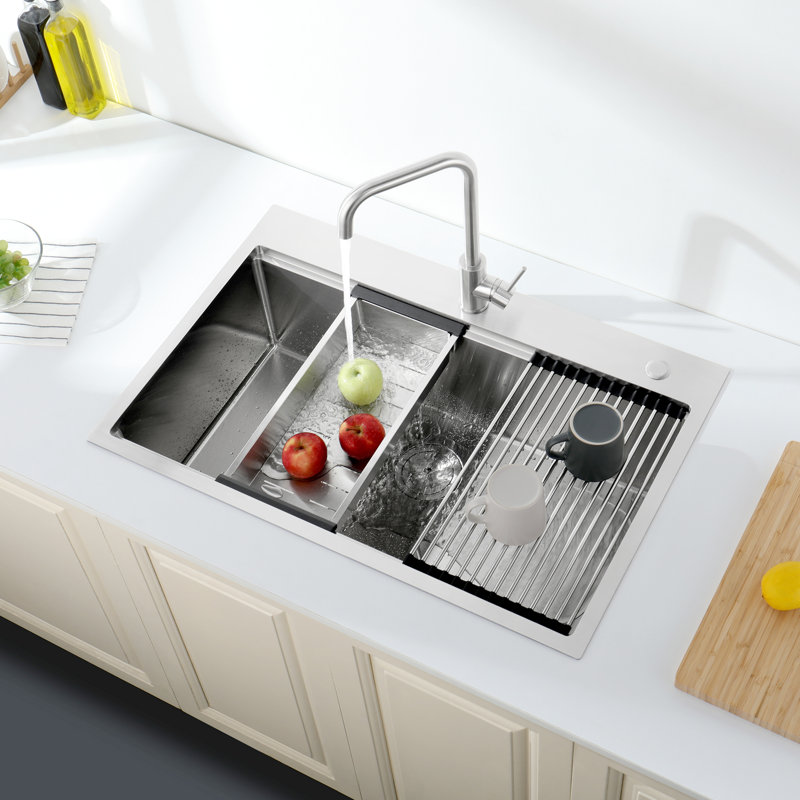 Évier de cuisine en acier inoxydable encastrable 33 po x 22 po x 10 po. Gris foncé, simple cuve avec accessoires, fonction de drainage rapide, évier encastré 33 po x 22 po. Qualité rapide, fabrication