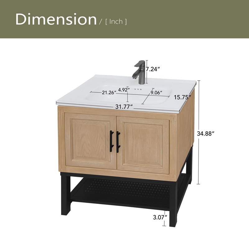 Meuble-lavabo 32 po avec lavabo en céramique et robinet d'eau chaude et froide, armoire de salle de bain autoportante avec 2 portes de rangement et tablette ouverte en fer pour la salle de bain