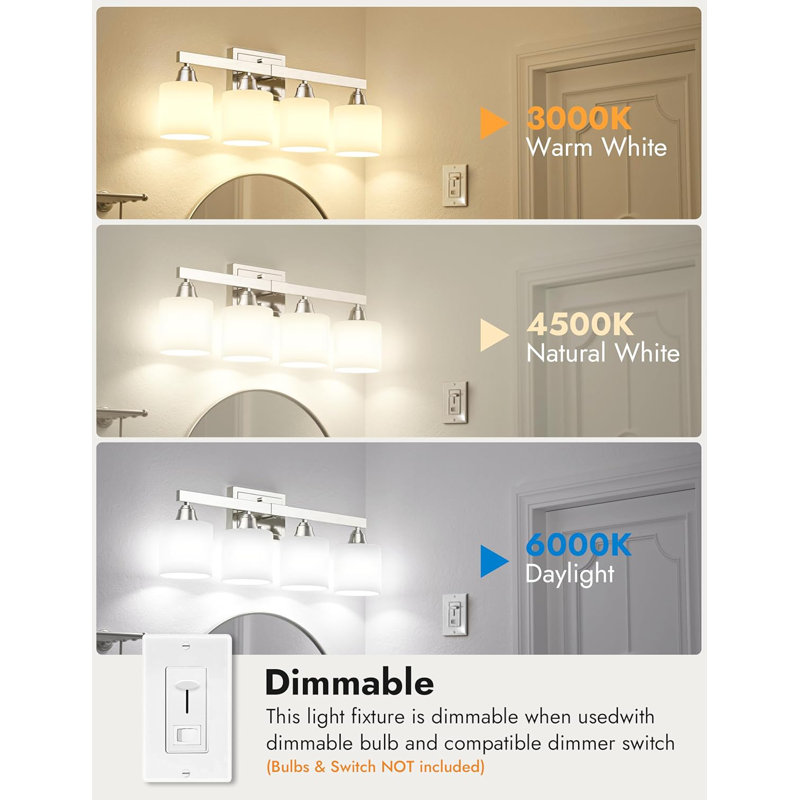 Luminaires de salle de bain 4 lumières, miroir de meuble-lavabo en nickel brossé au-dessus du miroir, luminaire de salle de bain moderne avec abat-jour en verre givré blanc laiteux (ampoules exclues)