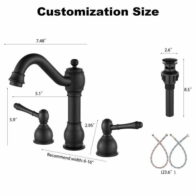 8-Inch Widespread Bathroom Faucet - Double Handle Deck Mount With Pull Rod & Pop-Up Drain, Matte Black