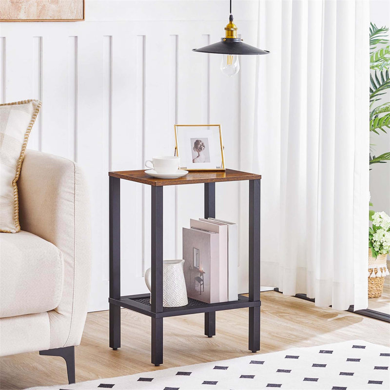 Rustic Brown and Black Small End Table with 2-Tier Storage