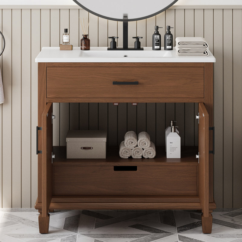 Meuble-lavabo de salle de bain avec lavabo en céramique, Brun