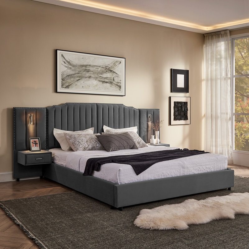  King Size Upholstered Bed Frame with Integrated Nightstands and Reading Lights Channel Tufted Headboard, Gray, Gris