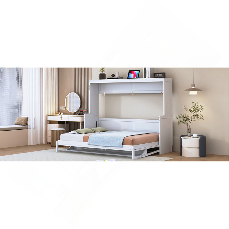Lit escamotable avec élévateur hydraulique et bureau, Lit double, Blanc