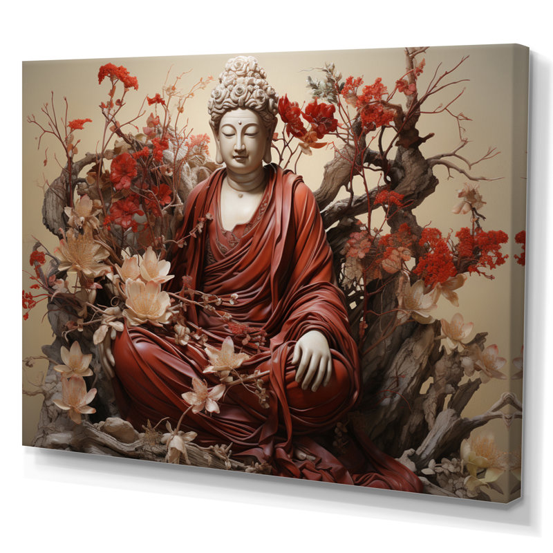 Art mural sur toile, "Red Beige Buddhism Sacred Scriptures I", H 34 po x l 44 po x P 1,5 po, Toile tendue